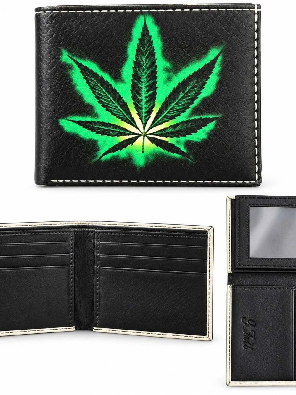 Black Cannabis Leaf Bi-Fold Wallet ID Window Card Holder